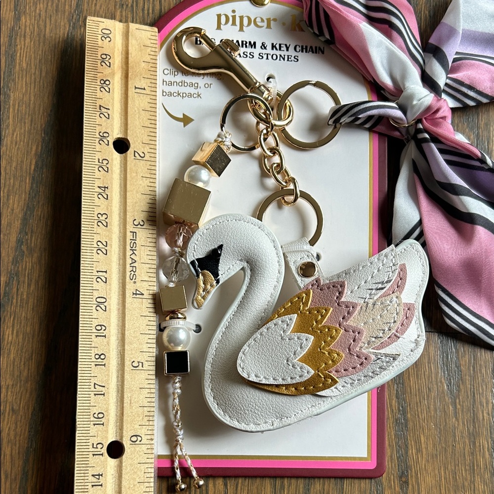 Piper K Swan Bag Charm/Keychain and Scarf Set - White, Pink, and Gold - Picture 5 of 5